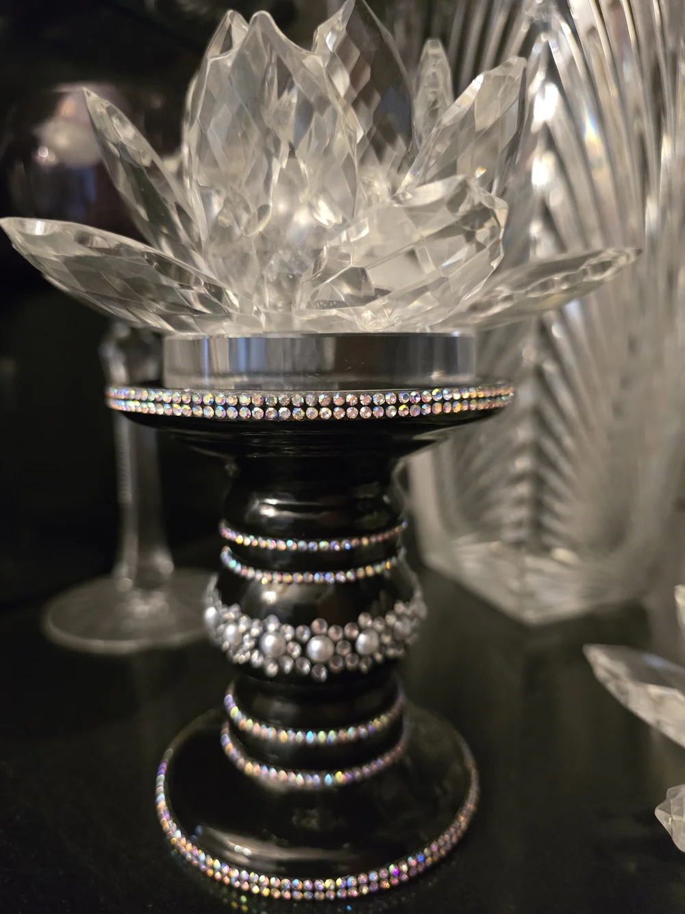 Black Jeweled Decorative Candle Holder New 4x3.5 In Candle Not Included Handmade